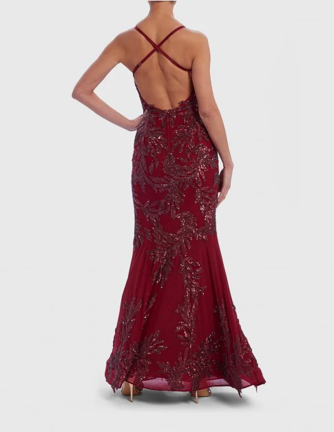 BURGUNDY RED EMBELLISHED FISHTAIL MAXI - FOREVER UNIQUE - Image 3