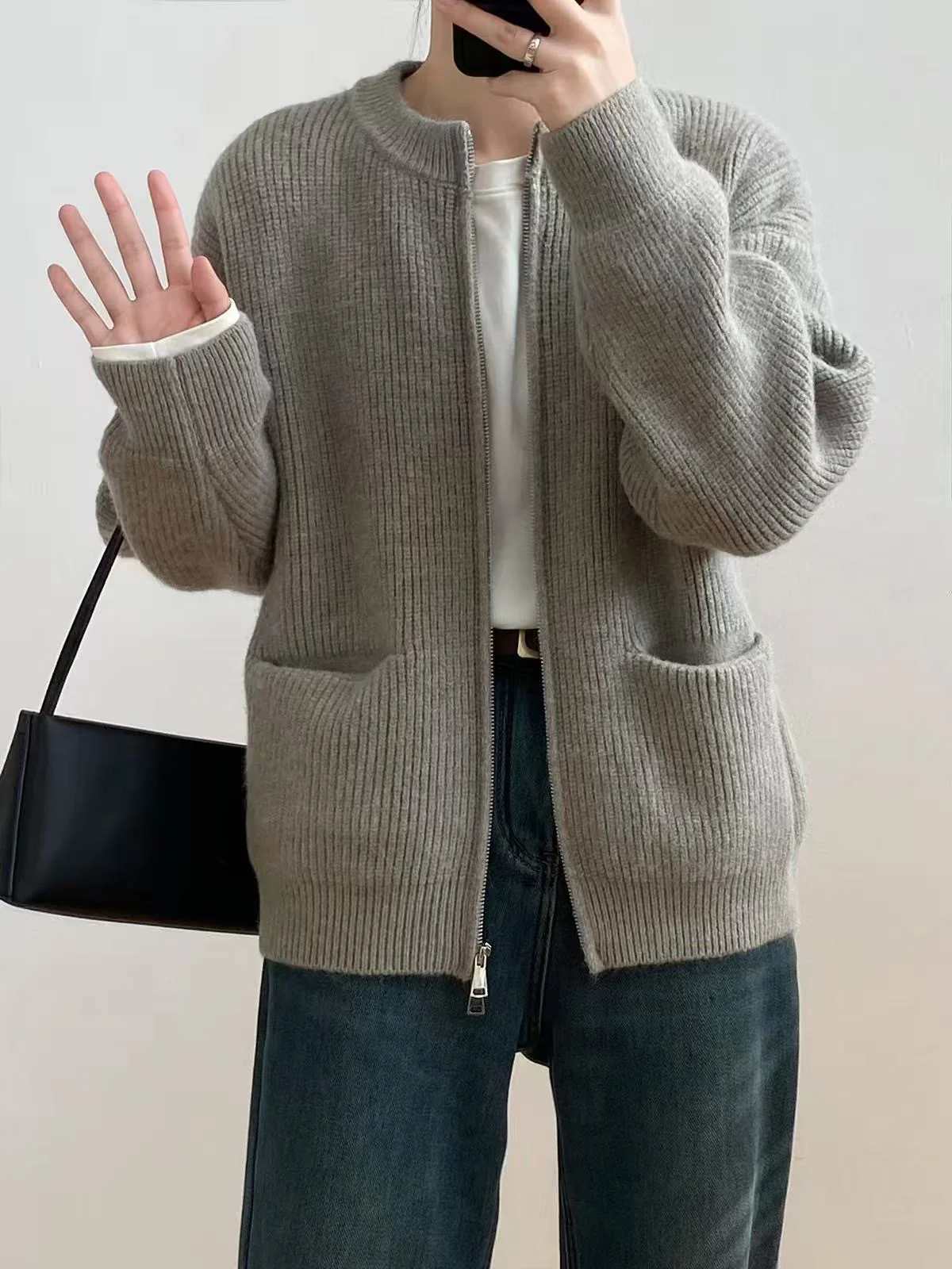 DOUBLE ZIP CARDIGAN GREY - Image 2