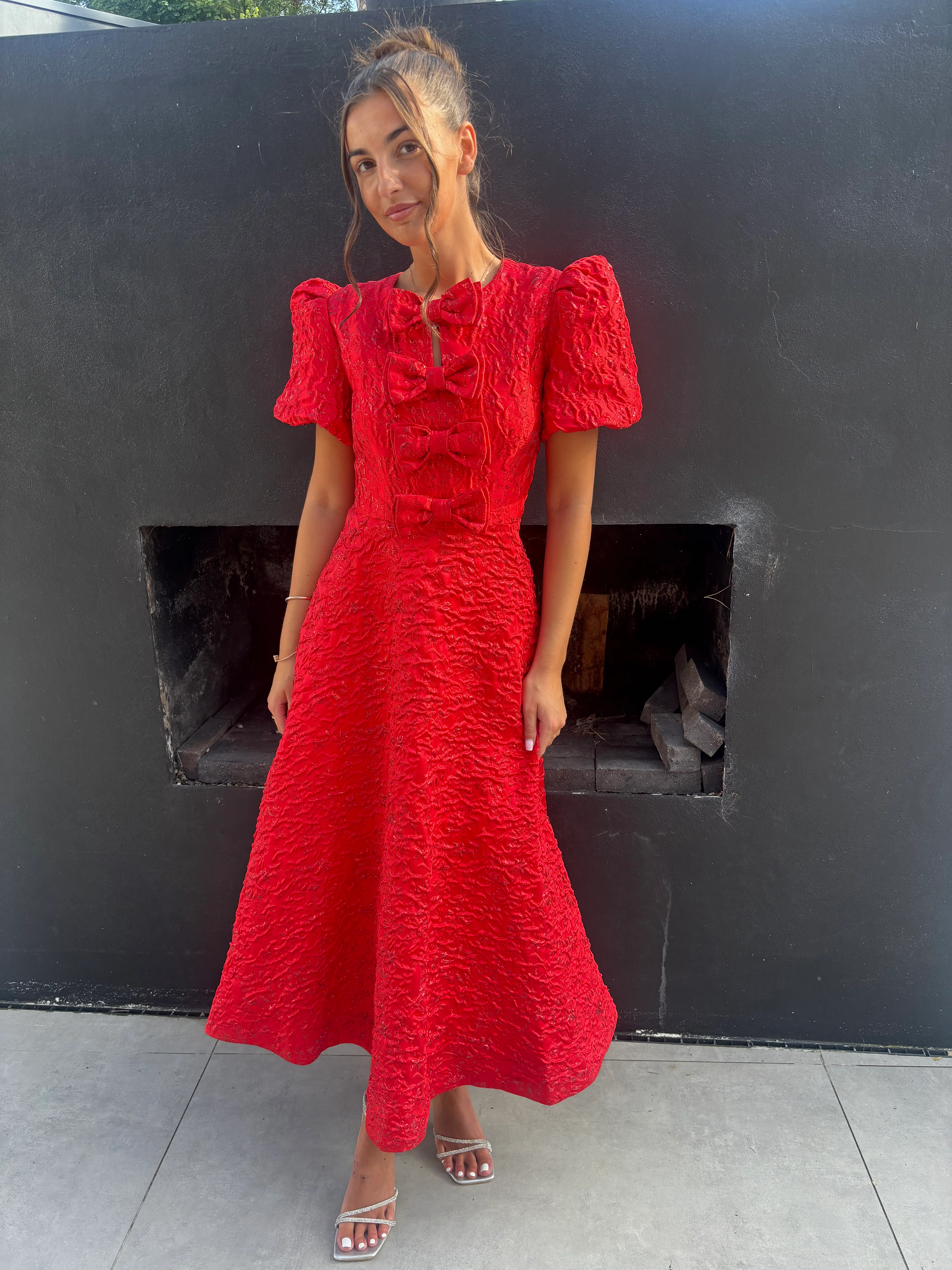 EMMY RED JACQUARD BOW DRESS-PRE ORDER FOR FEB DELIVERY - Image 2