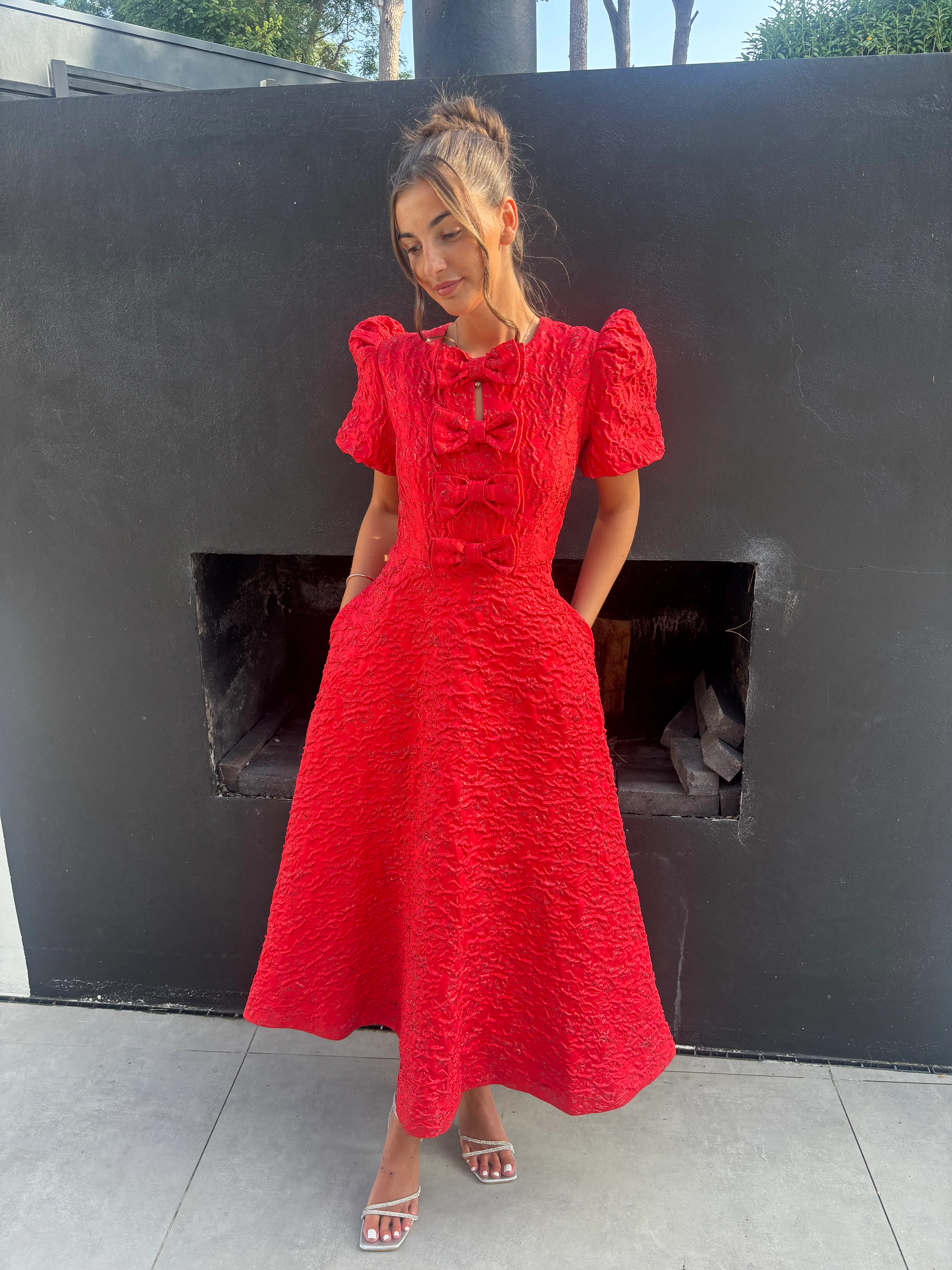 EMMY RED JACQUARD BOW DRESS-PRE ORDER FOR FEB DELIVERY - Image 3
