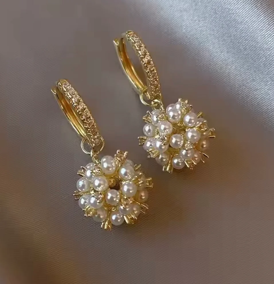 GOLD PEARL BALL DROP EARRINGS WITH DIAMONTE HOOPS - Image 2