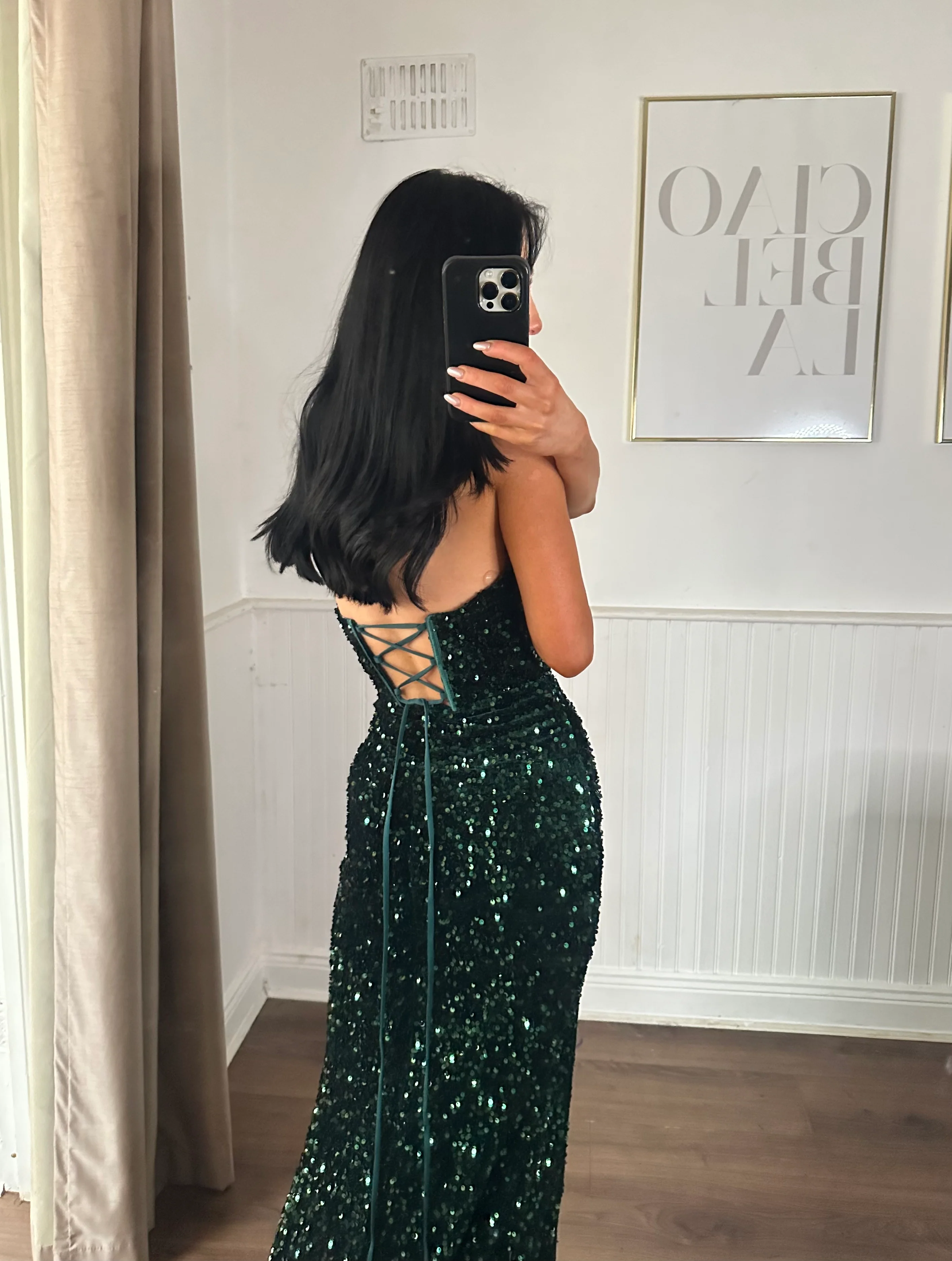 NAVY SEQUIN BODICE GOWN WITH SLIT - Image 2