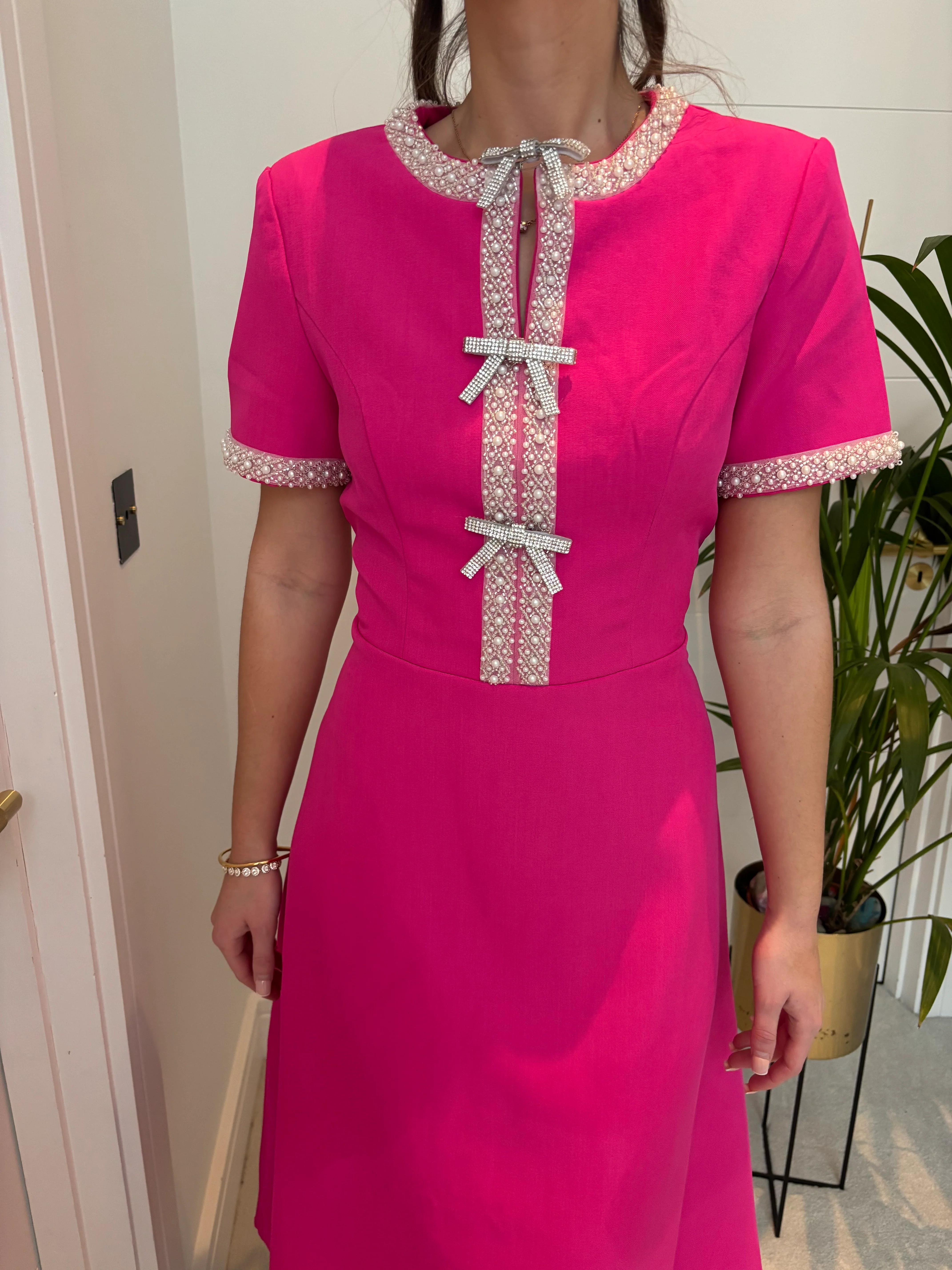 RAYA BRIGHT PINK PEARL AND DIAMONTE DETAIL DRESS - Image 3